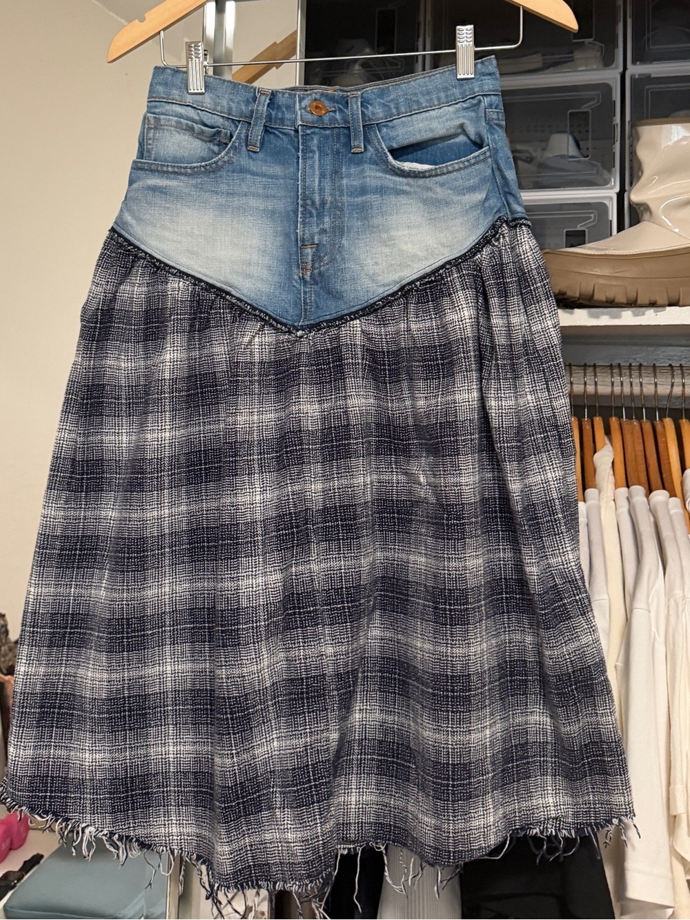 NSF Denim-Waist Plaid Midi Skirt in Blue and White